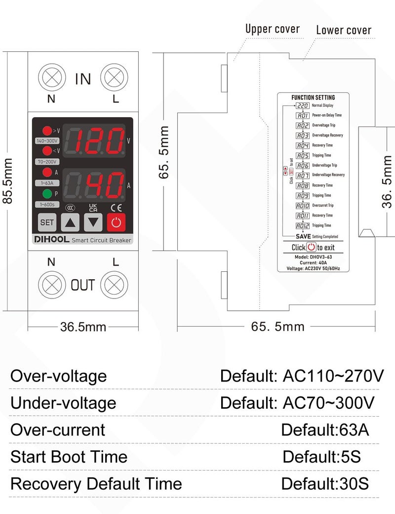 DIHOOL Adjustable Voltage Protector 110V 220V, Low/High Voltage Cutoff and Overcurrent Protection, 70-200V Undervoltage, 140-300V Overvoltage, 1-63A Smart Circuit Breaker AC Disconnect, DIN Rail Mount - Image 5